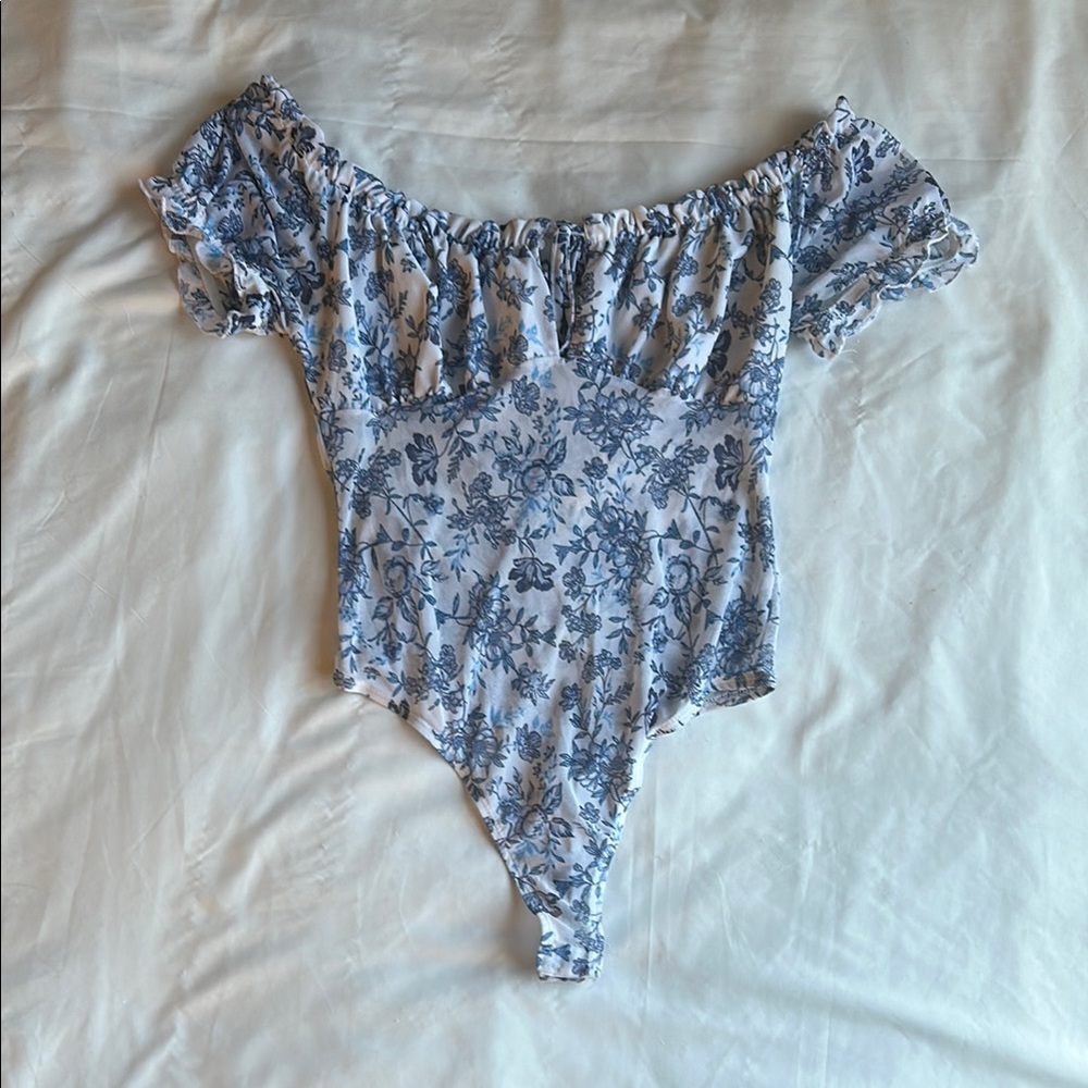 Revamped Blue and White Off-Shoulder Bodysuit Top